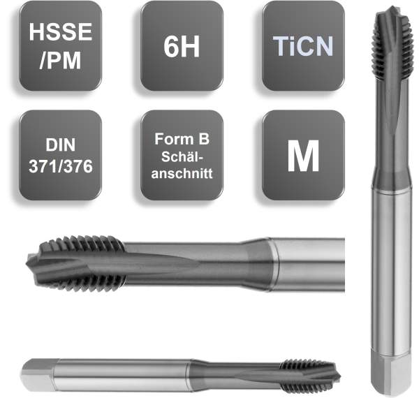 M8 ✓ HSSE/PM Gewindebohrer, Durchgangsloch, DIN 371, Form B, 6H, Schälanschnitt, beschichtet, bis 1400 N/mm²