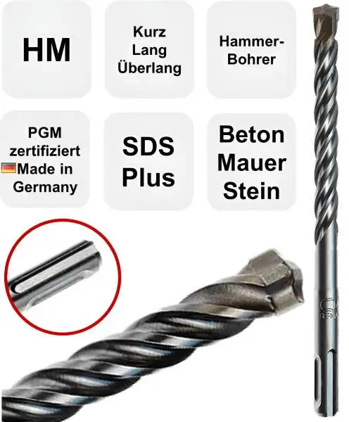 15,0 x 160 mm ✓ Hammerbohrer SDS Plus Betonbohrer mit 2 HM Schneiden (Z=2), PGM Zertifiziert für Beton, Mauerwerk und armiertem Betron - Made in Germany