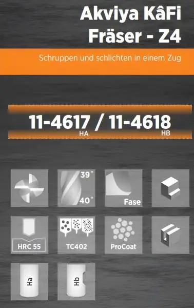 8,0 x 19 x 63 - d2=8 mm ✓ VHM HPC Schrupp-Schlicht-Fräser, 39/40°, Z=4, ProCoat (PVD-Beschichtung), Akviya KâFi Hochleistungsfräser