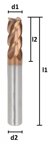 2,0 x 5 x 50 - d2=4 mm ✓ VHM Fräser, Universal-Schaftfräser 30°, Z=4 mit TiSiN Beschichtung für Werkstoffe bis ca. 52 HRC